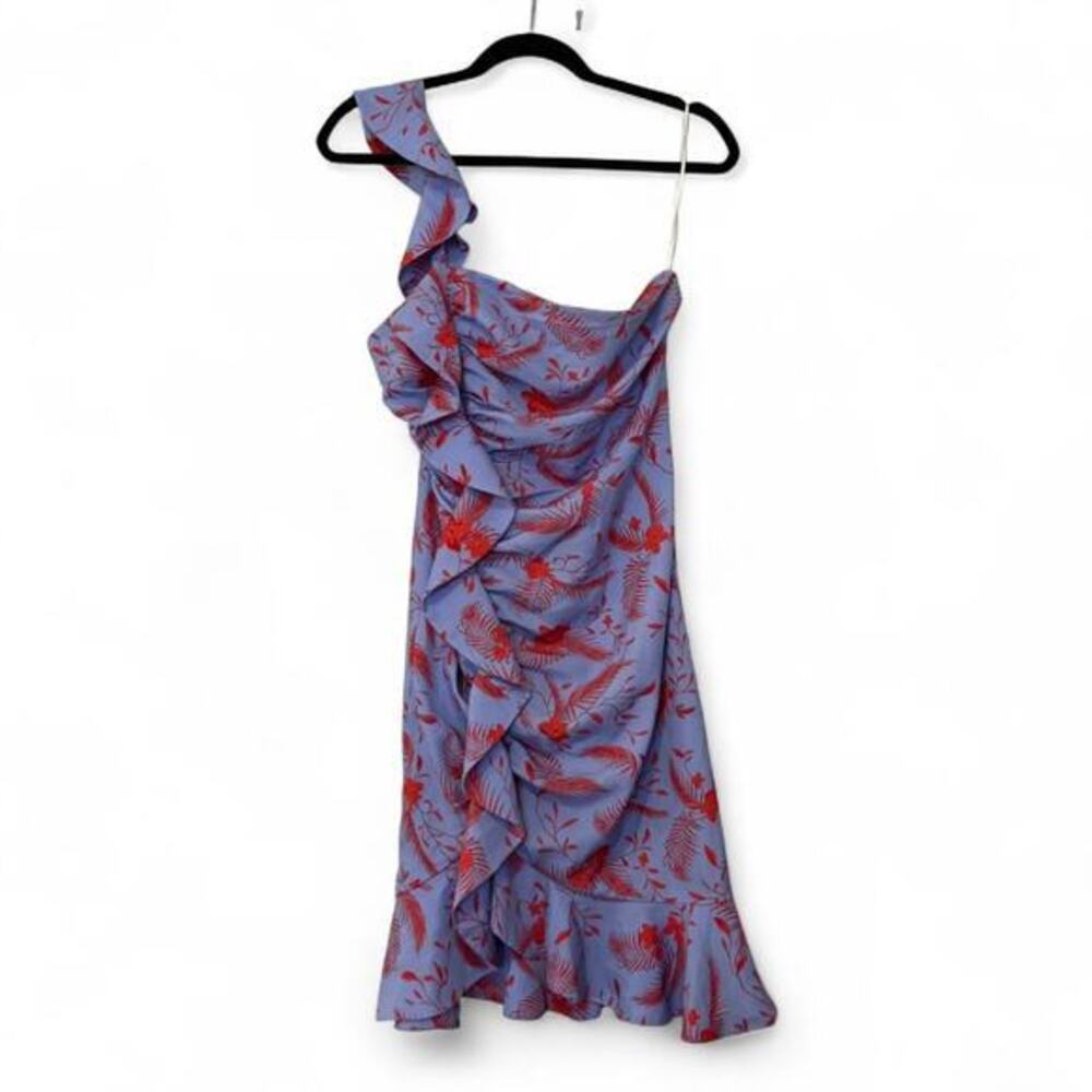 LIKELY One-Shoulder Ruffle Floral Dress Blue Red Knee Length Small